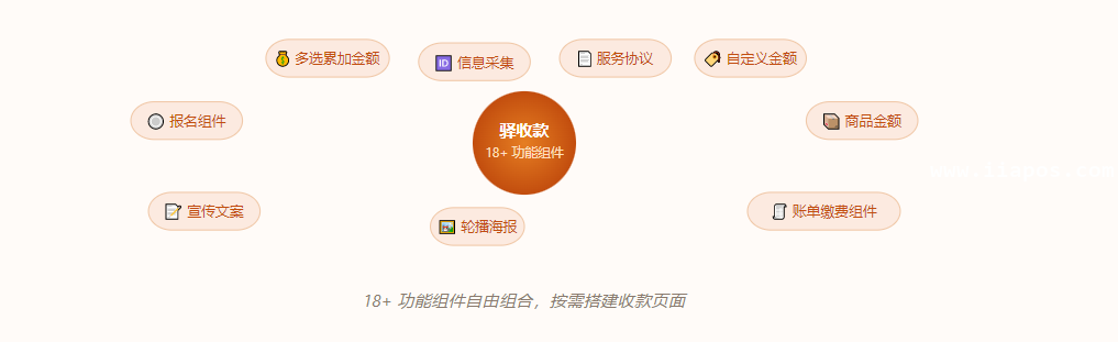 18+ 功能组件自由组合，按需搭建收款页面