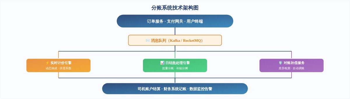 分账系统技术架构示意图——消息队列驱动、三引擎并行处理、最终一致性保障