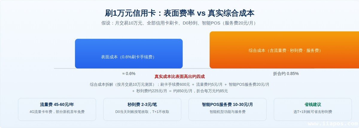 刷1万元信用卡，表面费率与实际综合成本的差距（按上文假设测算）