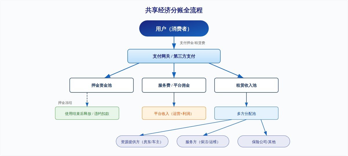共享经济分账全流程示意，从用户支付到多方资金分配