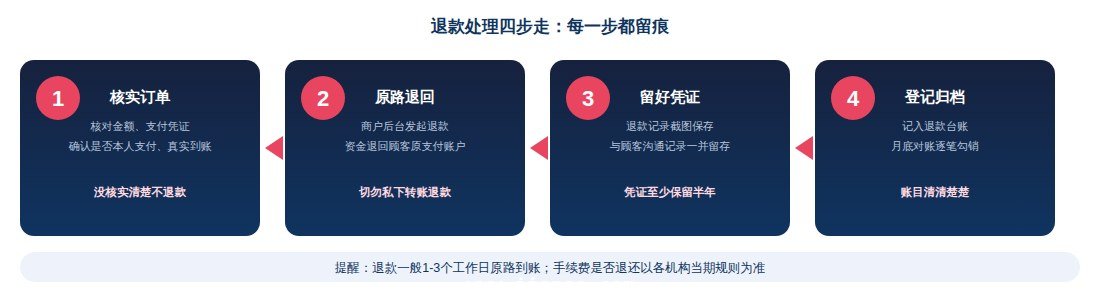退款处理四步流程图：核实订单、原路退回、留好凭证、登记归档